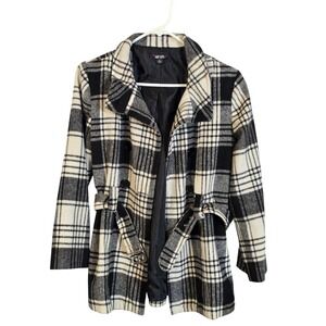 Amy Byer Black White Plaid Belted Pea Coat Jacket Wool Blend Large